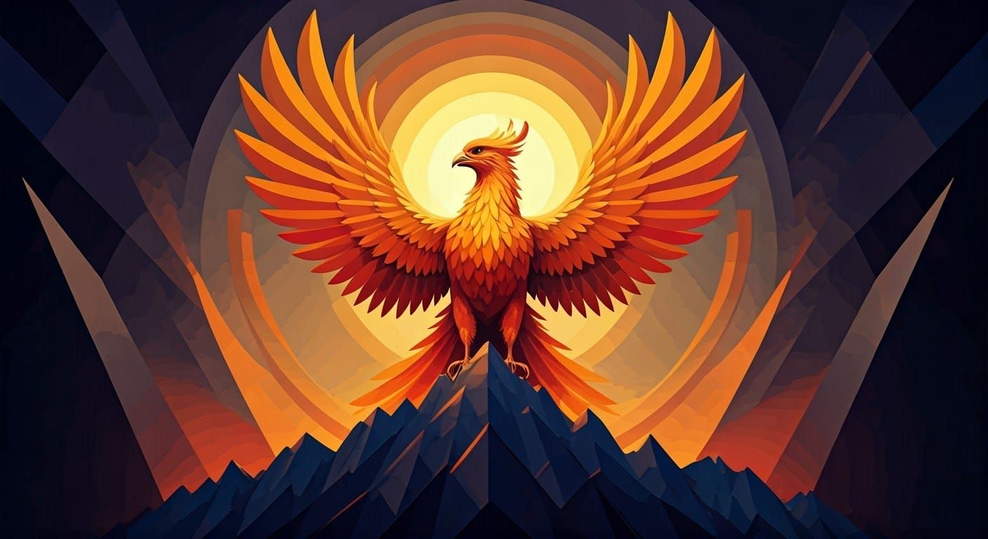 Phoenix Rising: A Neo-Cubist Art Deco Painting