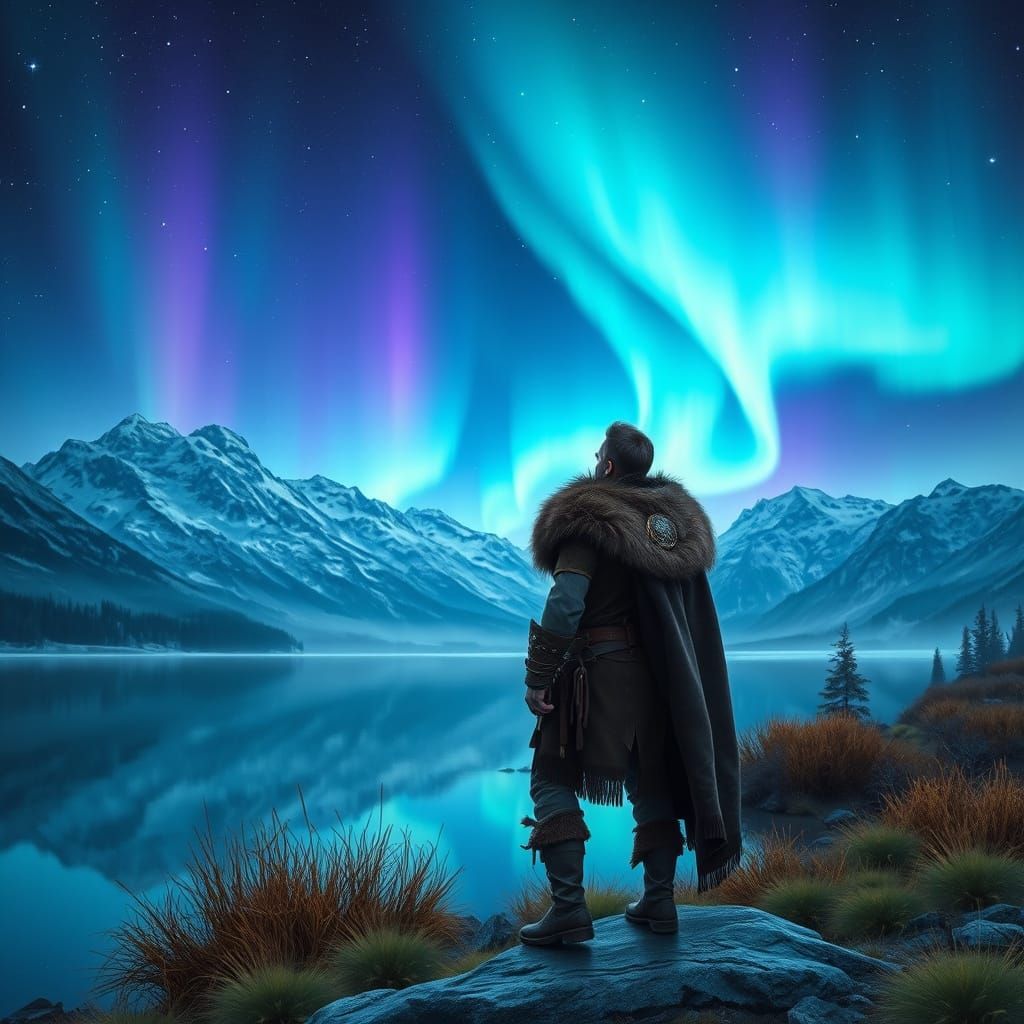 Viking Warrior Watches Aurora Over Mountain Lake