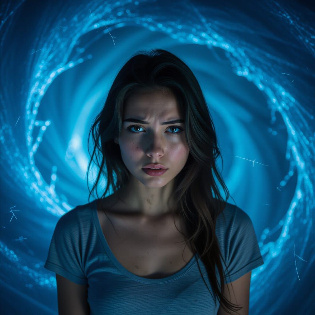 Woman in Shadow Vortex of Anguish and Whispers
