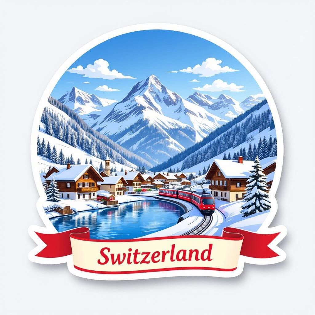 Realistic Switzerland Travel Sticker with Alpine Village