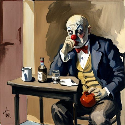 Tired Clown in Shabby Room, Gouache Watercolor Style