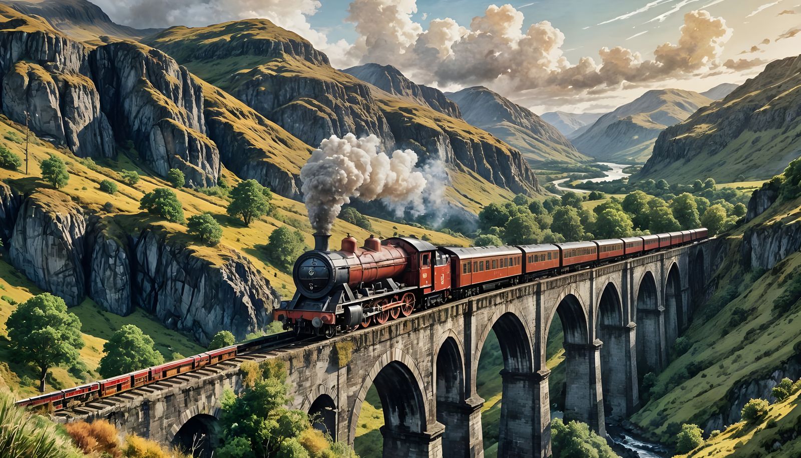 Hogwarts Express on Glenfinnan Viaduct: 1870s Illustration