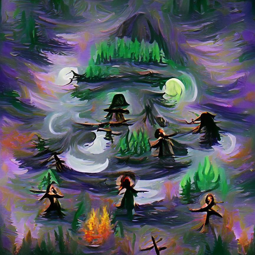Witches' Forest Ritual in Bob Ross Style