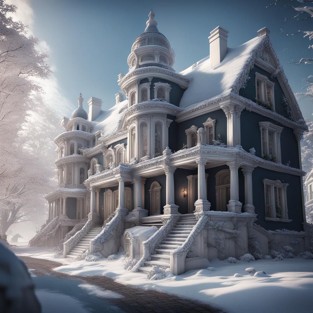 Snowy White Houses in Detailed Matte Painting