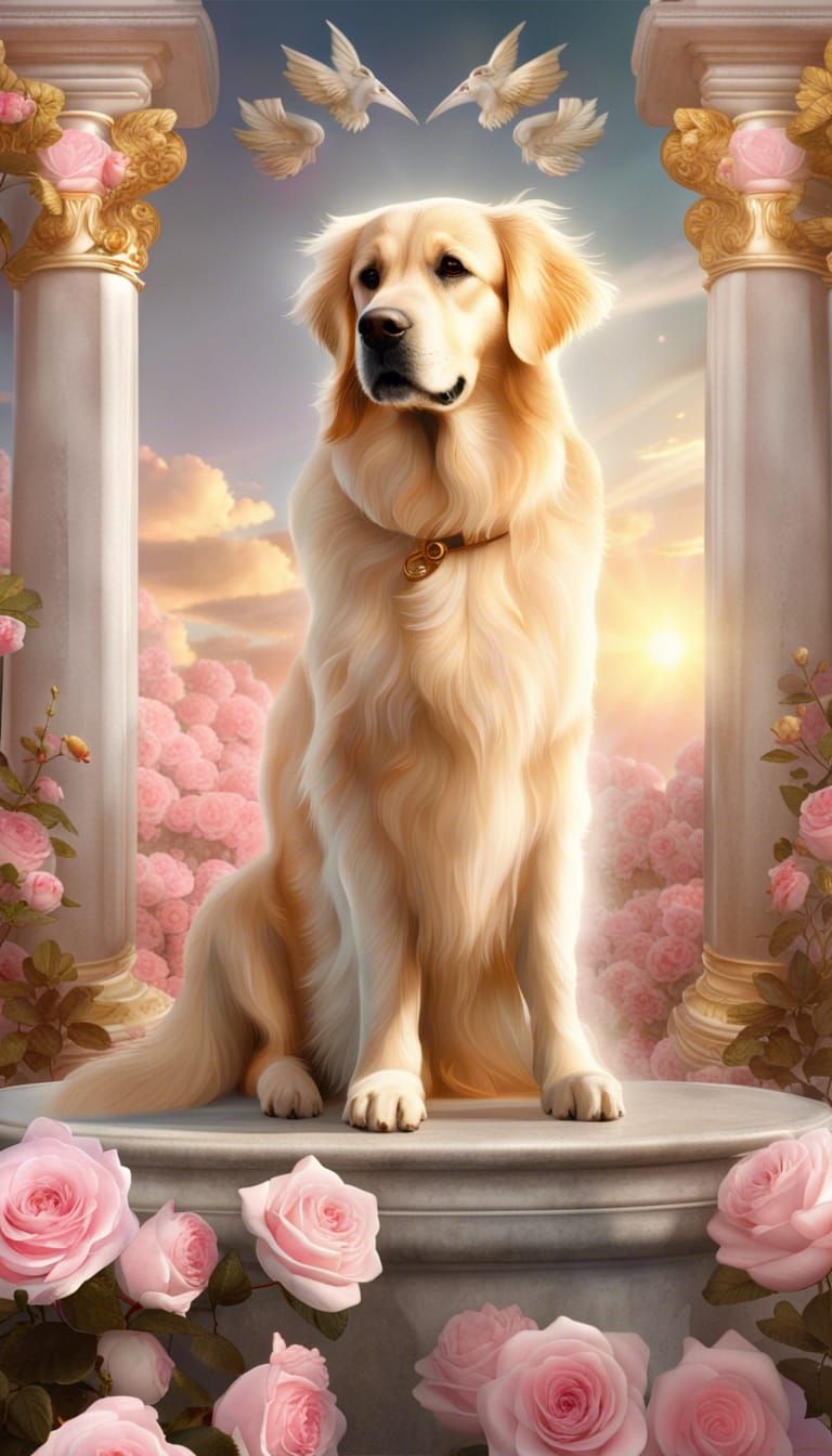 Angelic Golden Retriever in Gothic Rose Garden