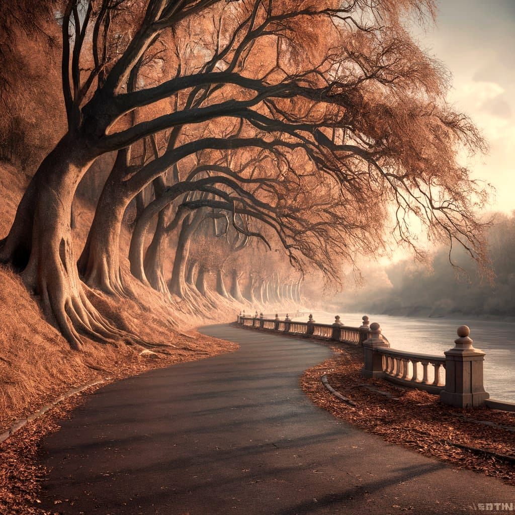 Autumn Riverside Walkway in Digital Painting Style