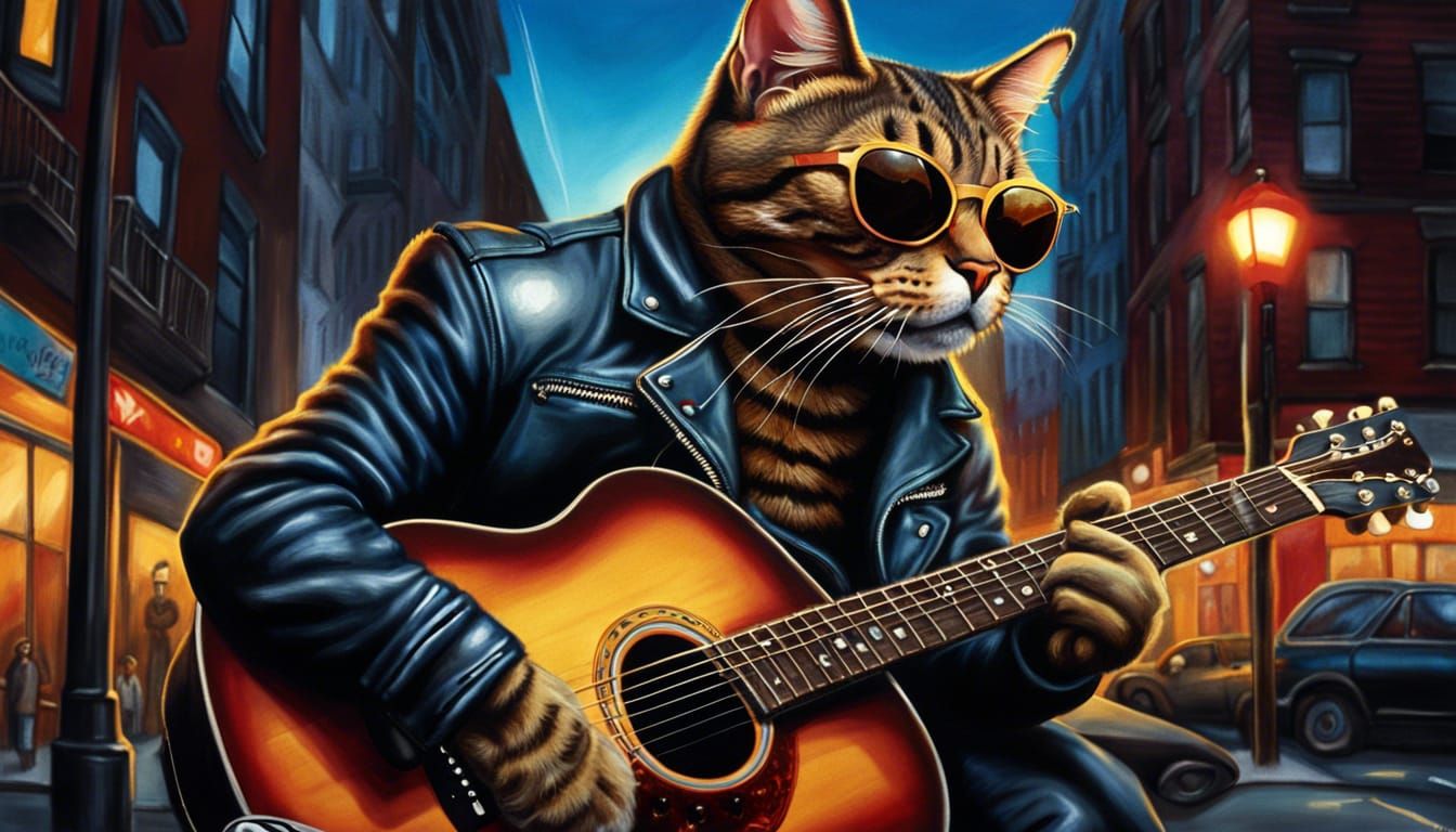 Tabby Cat Guitarist in Airbrush Street Art Style