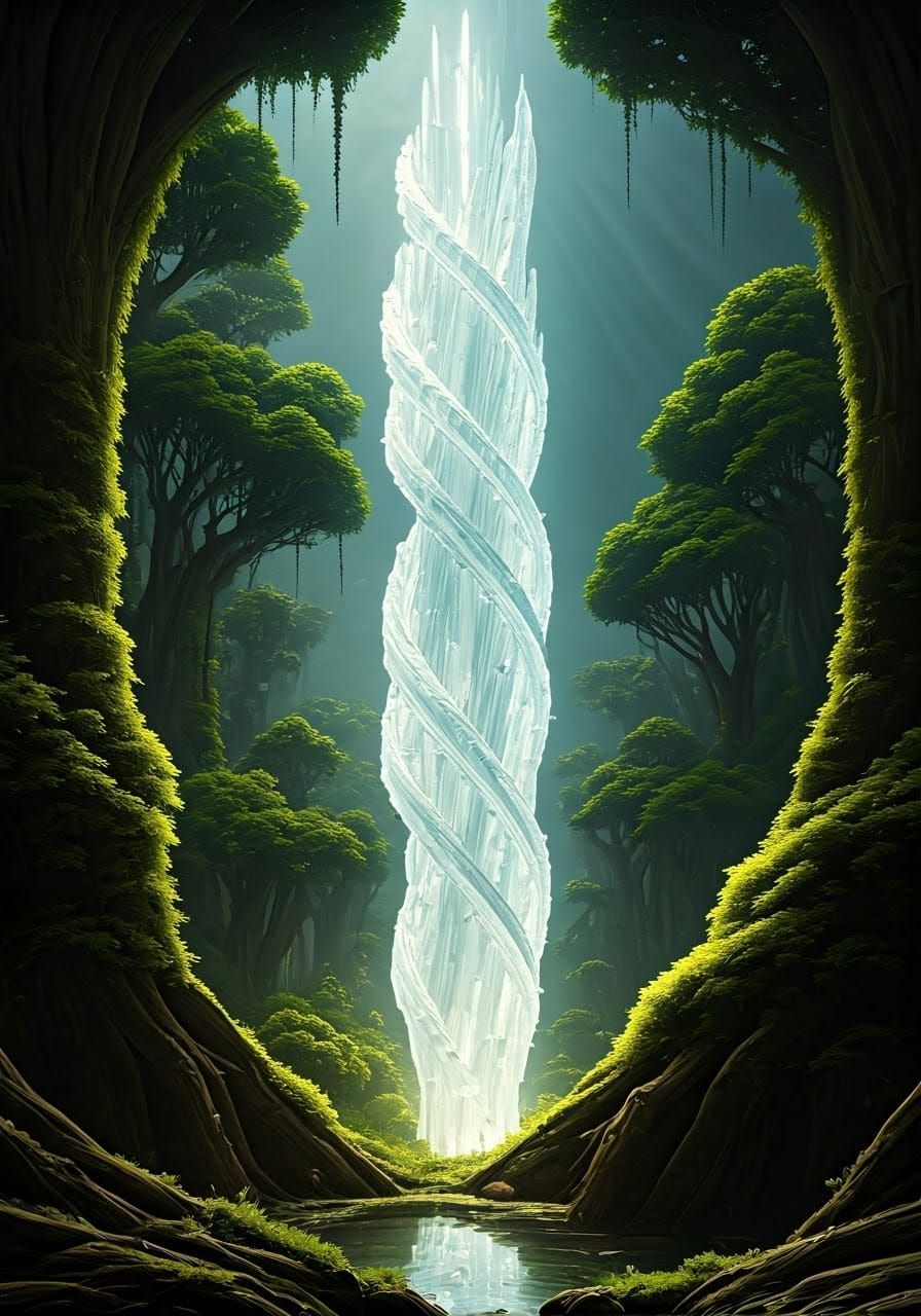 Ethereal Crystal Spire Ascends Fantasy Landscape