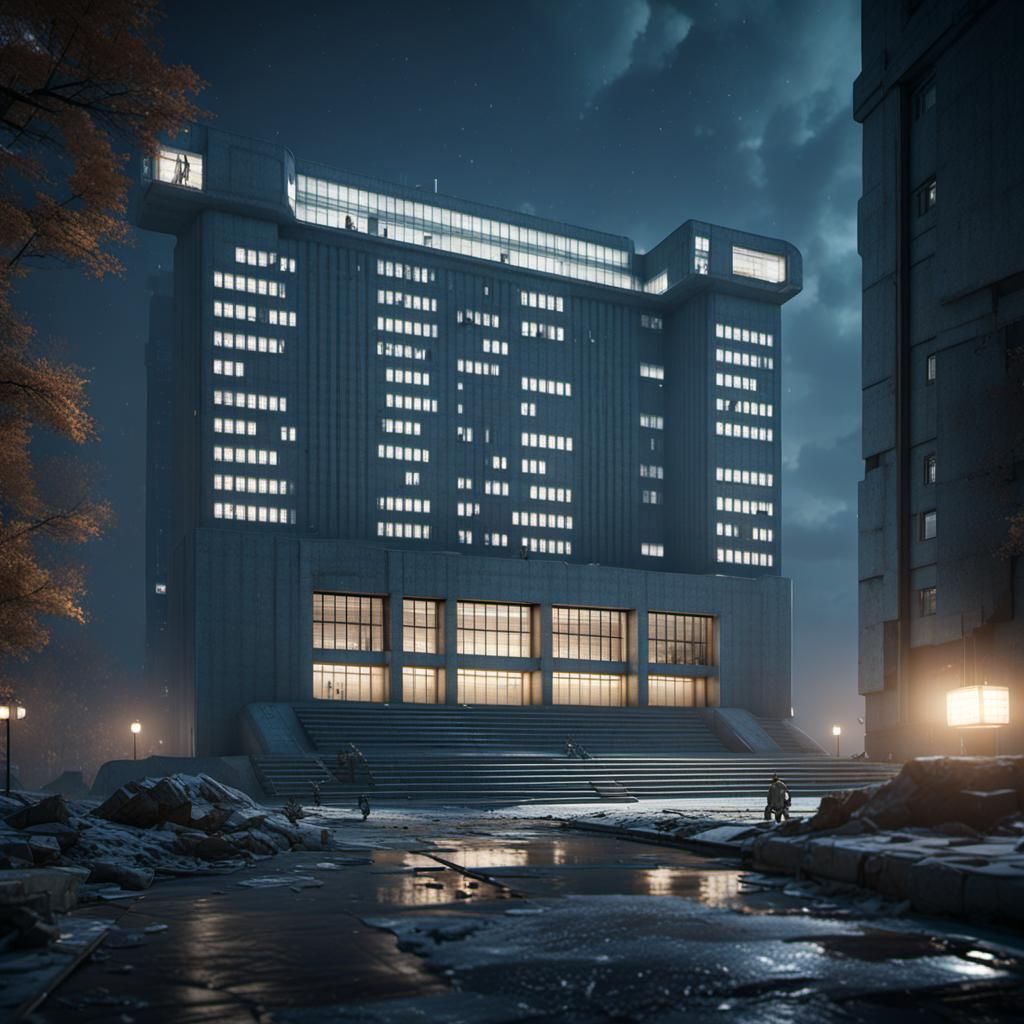 Brutalist Soviet-Era Building at Night in 3D