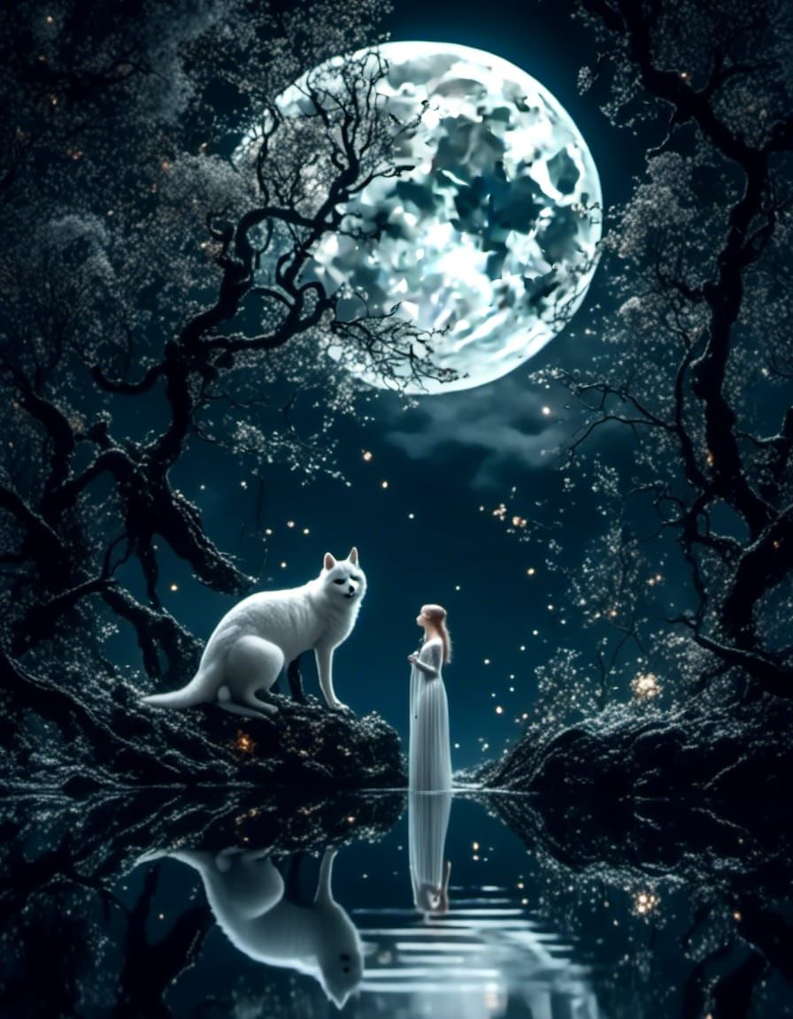 Cyberpunk Moon Reflection on Still Waters