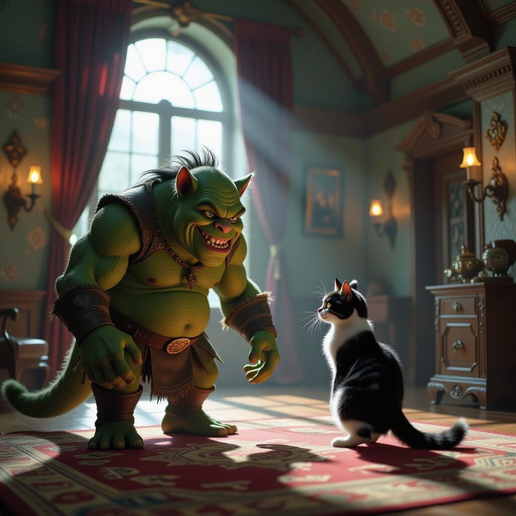 Ogre Meets Puss in Boots in Luminescent Room