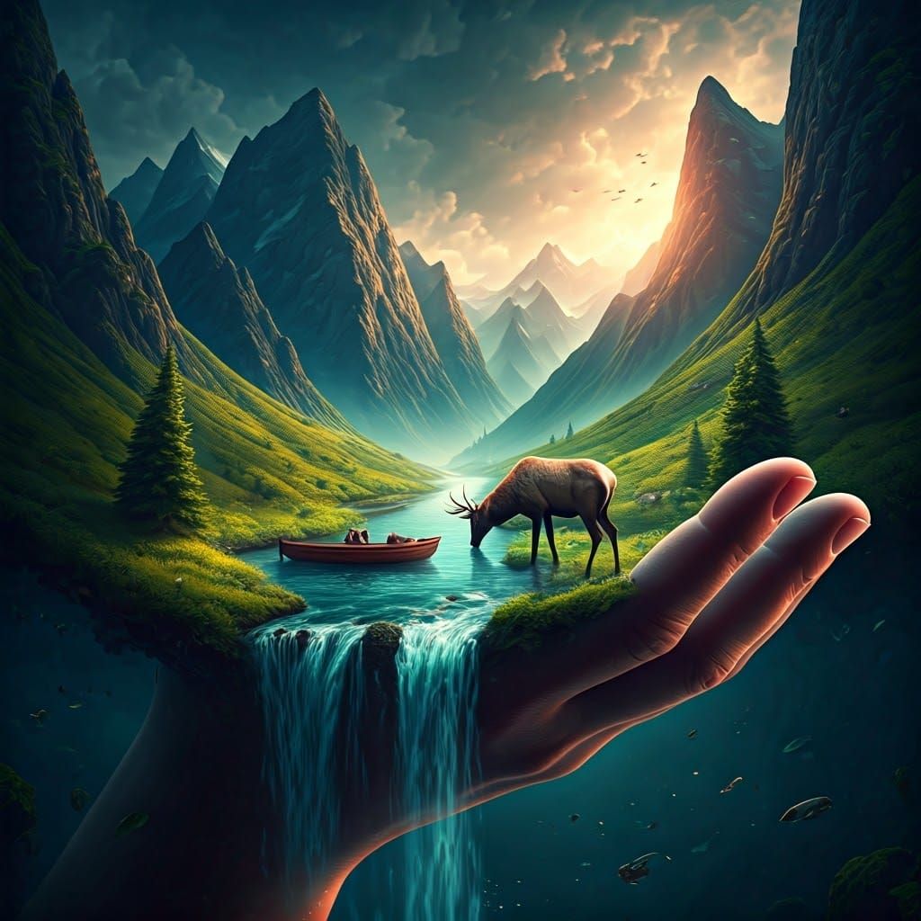Surreal River Flows Through Hand, Dreamlike Landscape
