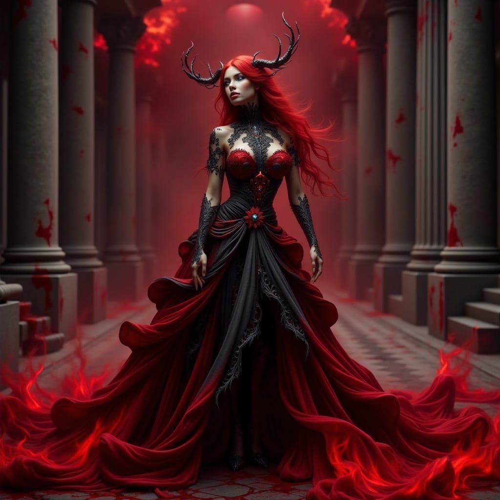 Crimson-Haired Demon in Gothic Castle, Digital Art