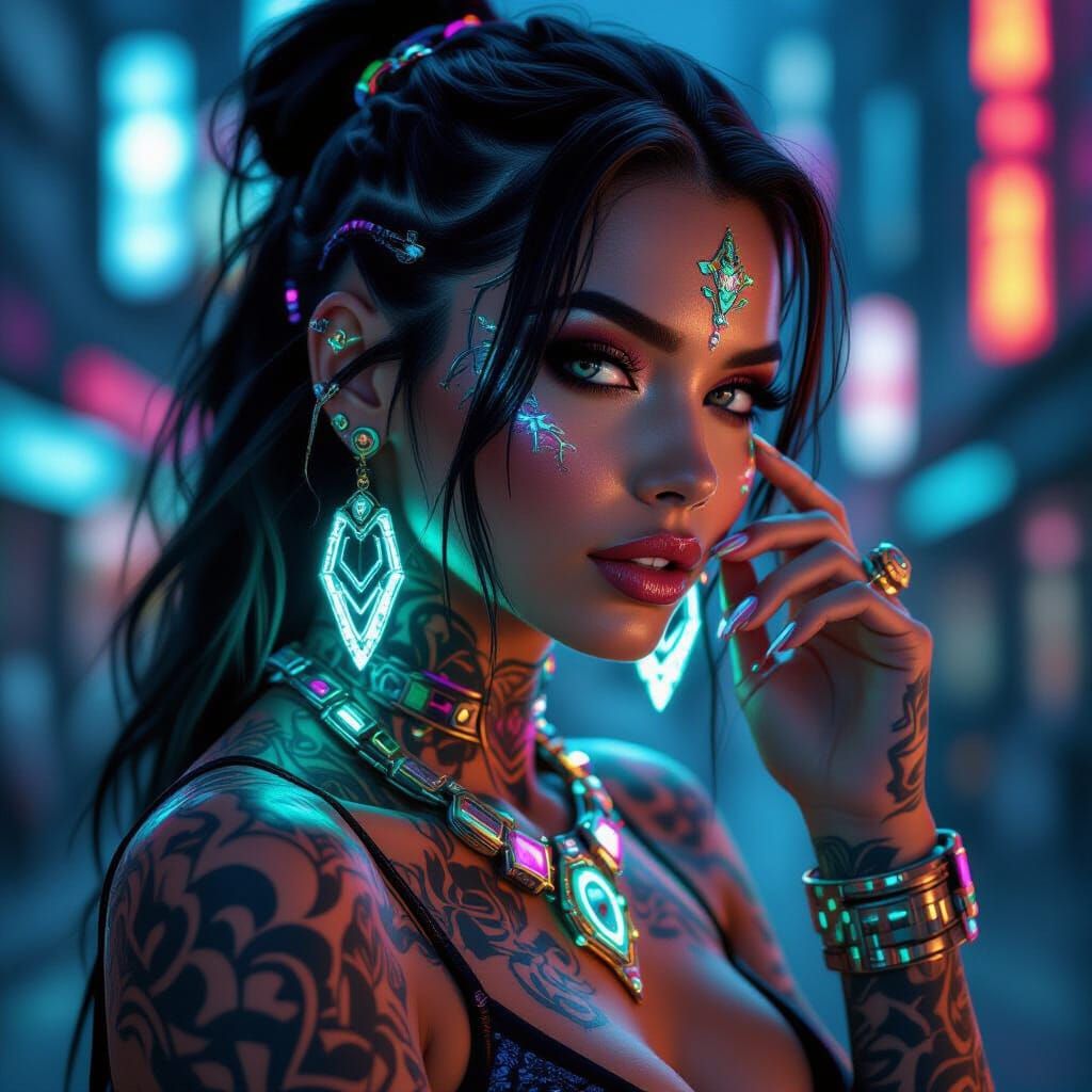 Cyberpunk Woman with Tattoos and Futuristic Jewelry
