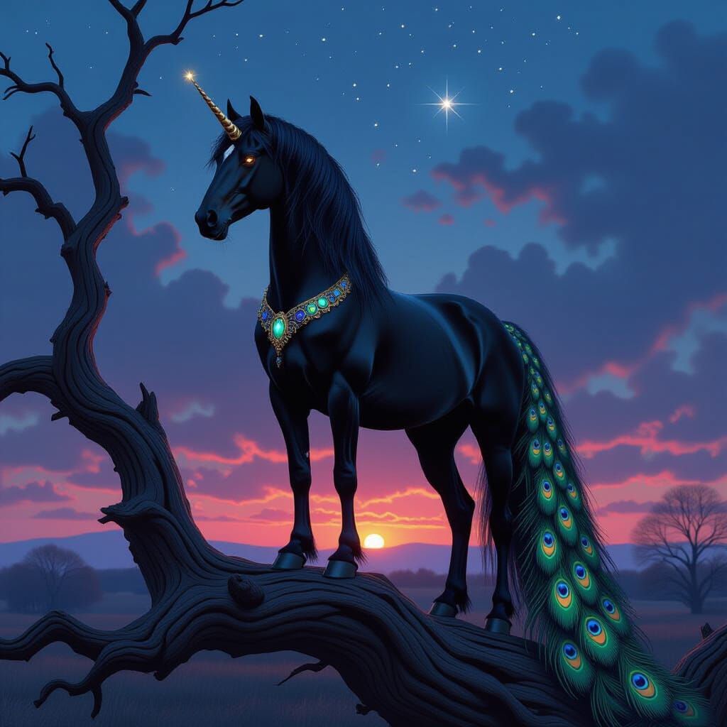 Majestic Stallion in Peacock Cloak Under Twilight Sky