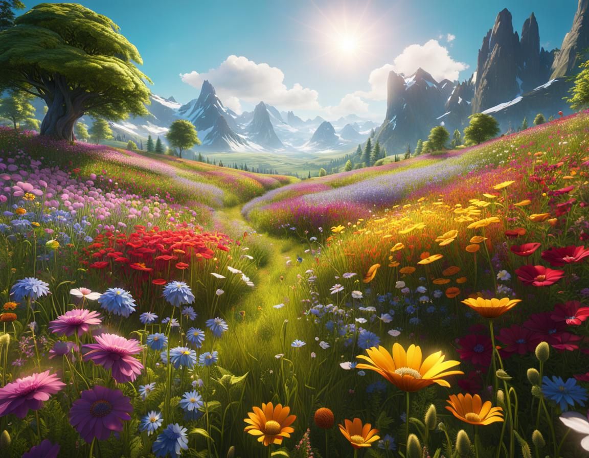 Sunny Flower Meadow: Detailed Matte Painting