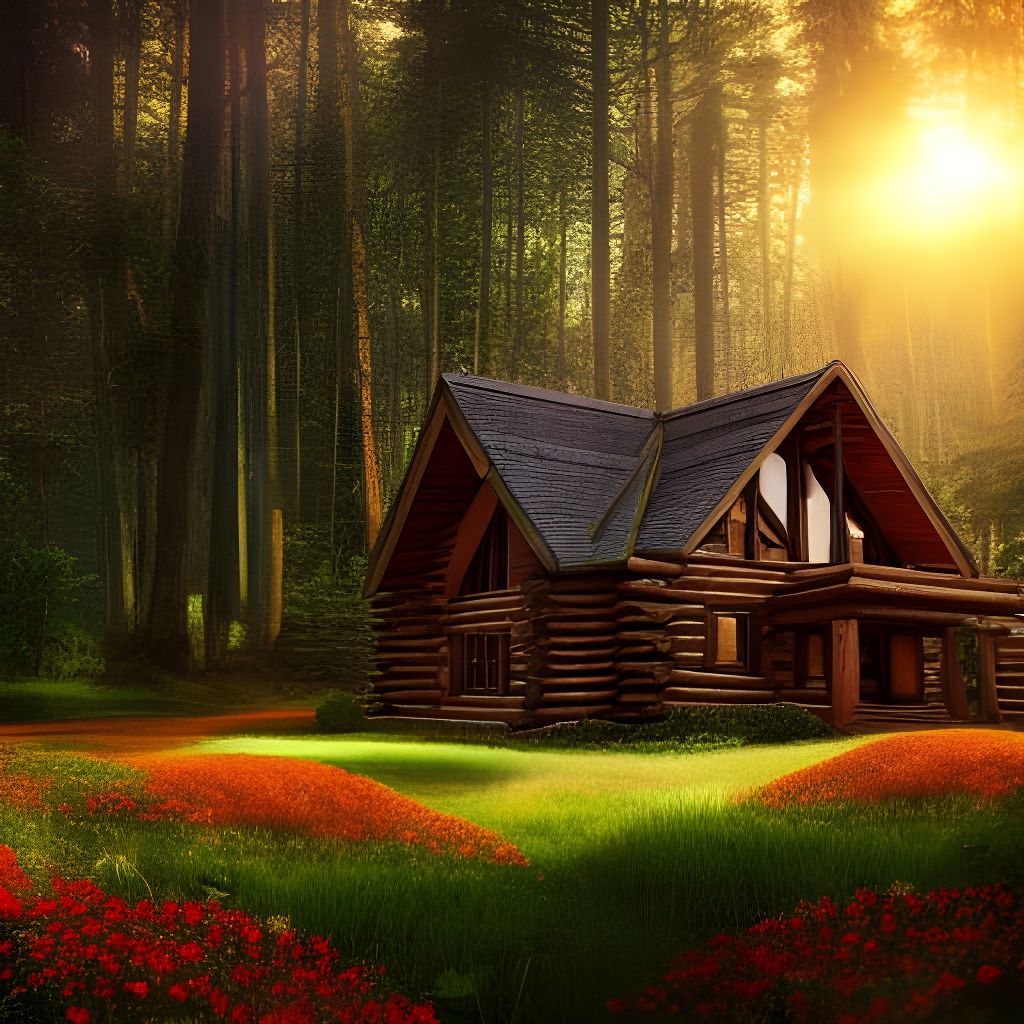 Log House in Sunny Forest: Digital Matte Painting
