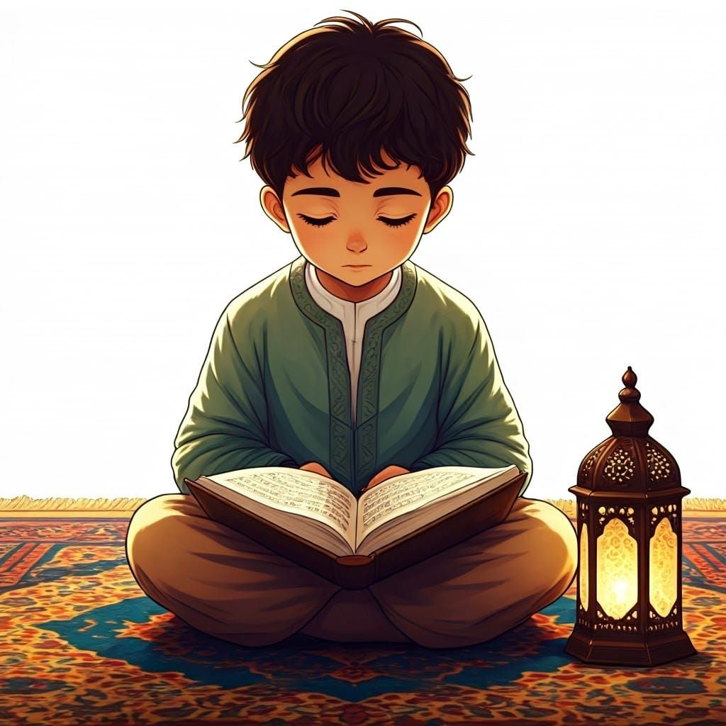 Anime Boy Reading Quran with Lantern: Islamic Art Style