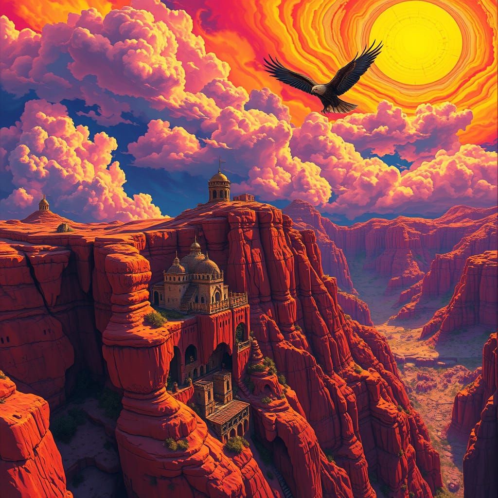 Psychedelic Thunderbird Soaring Over Cliff Dwellings