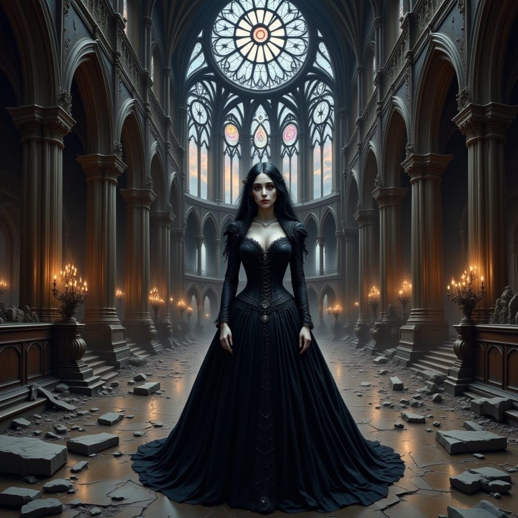 Solemn Woman in Ruined Cathedral at Twilight