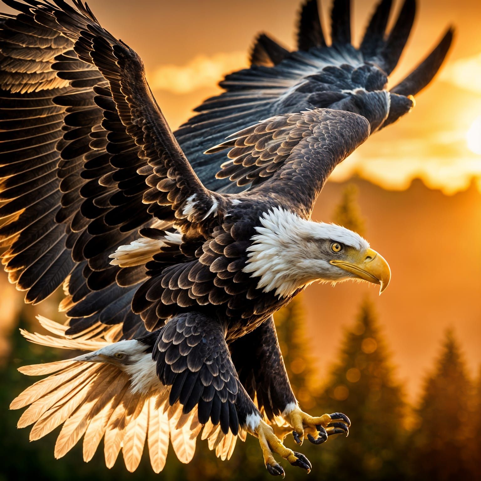 Detailed Close-Up of a Bald Eagle in Flight