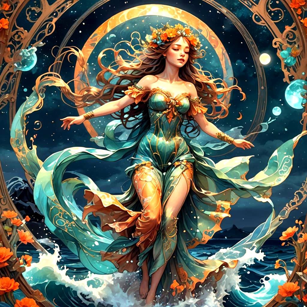 Dancing Sea Nymph in Moonlit Fantasy Watercolor