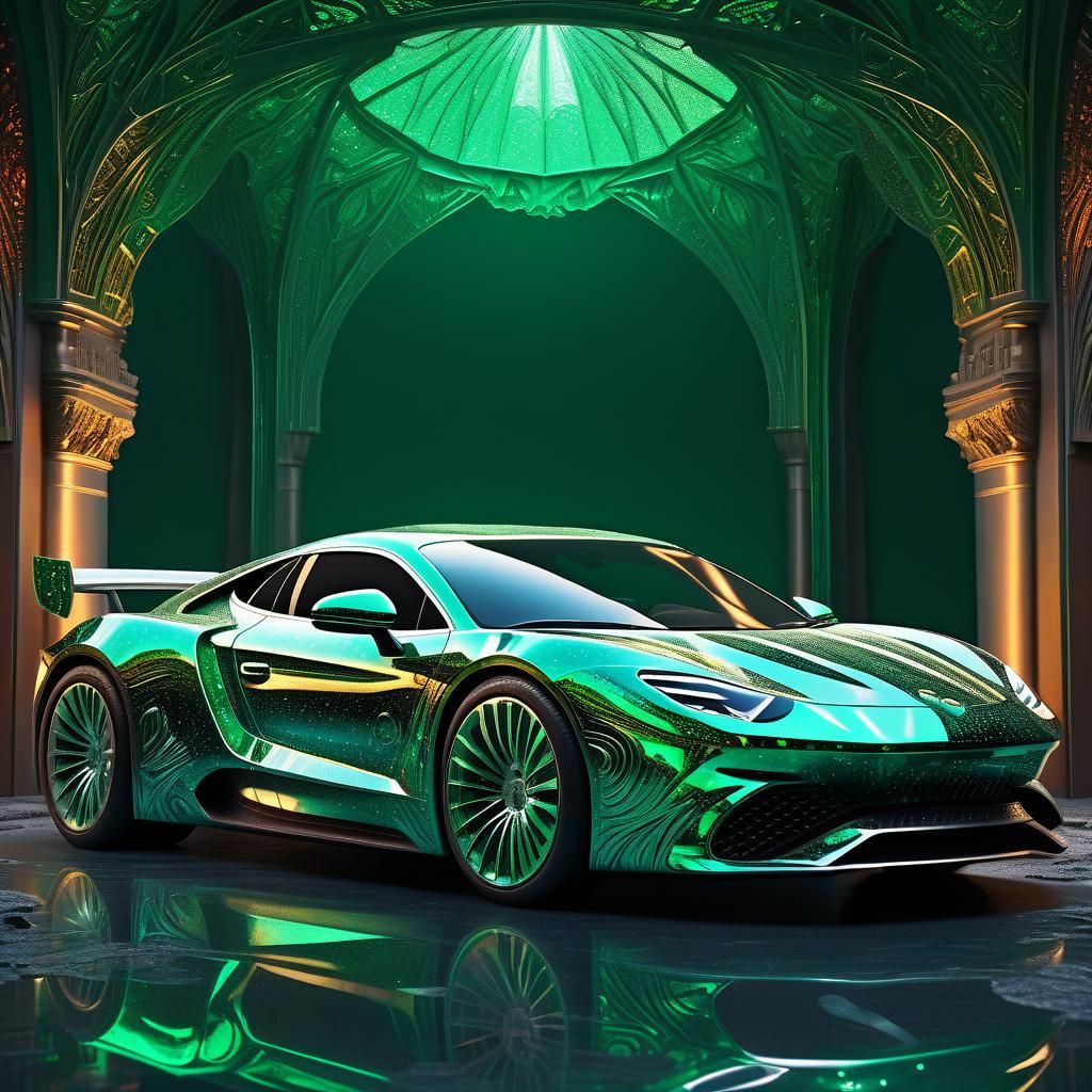 Emerald Car: Intricate Digital Matte Painting