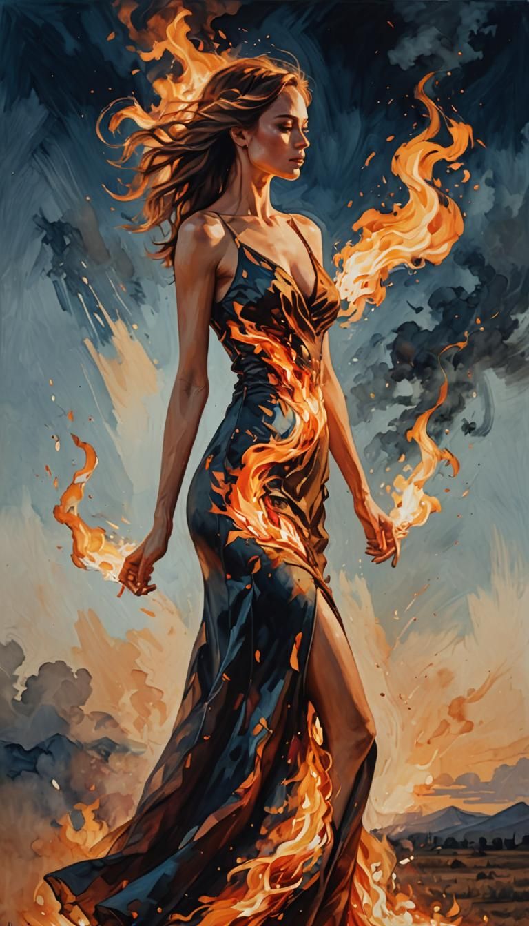 Woman in Fire Dress, Alcohol Painting Style