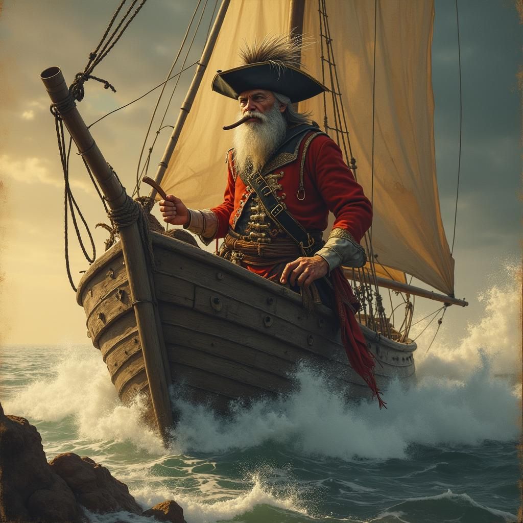 Detailed Daguerreotype of an Old Pirate in Storm