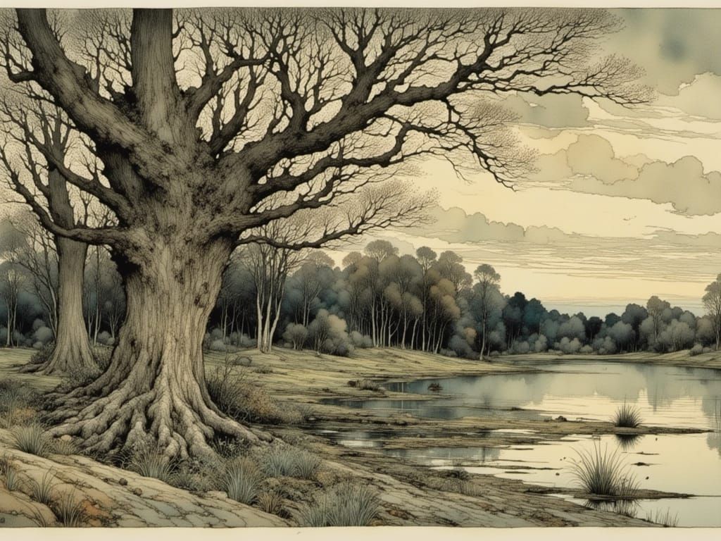 Romantic Landscape at Dusk, with Majestic Oak Trees and Sere...