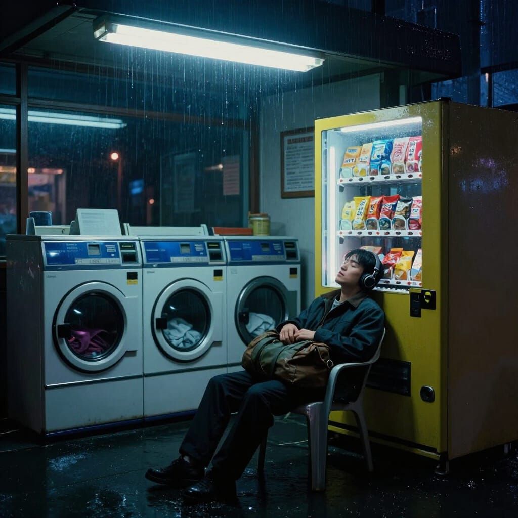 Rainy 3 AM Coin Laundry Neo-Noir Scene