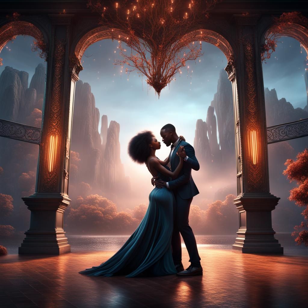 Romantic Black Couple Dancing, Detailed Fantasy Art