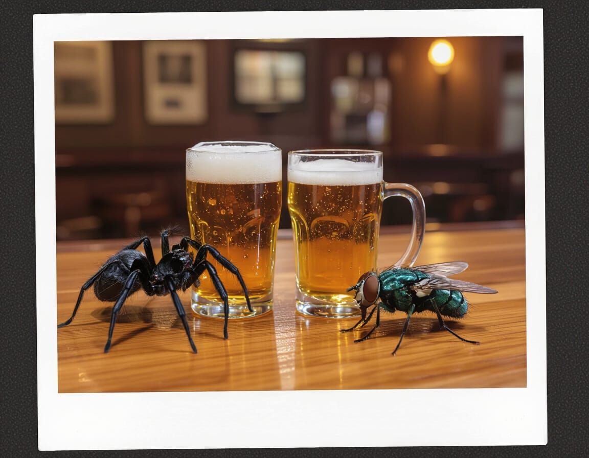 Spider and Fly Toasting Beer in Polaroid Style