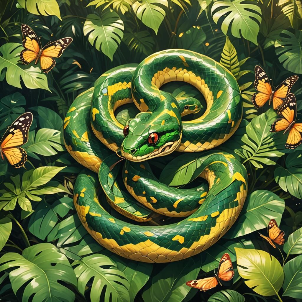 Cute Snake in Tropical Forest: Anime Style