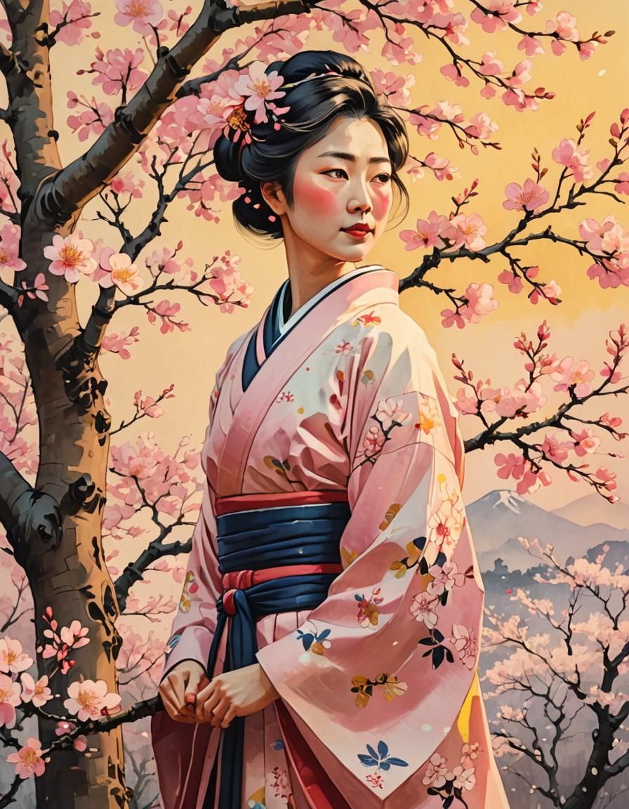 Japanese Woman in Spring, Ukiyo-e Style
