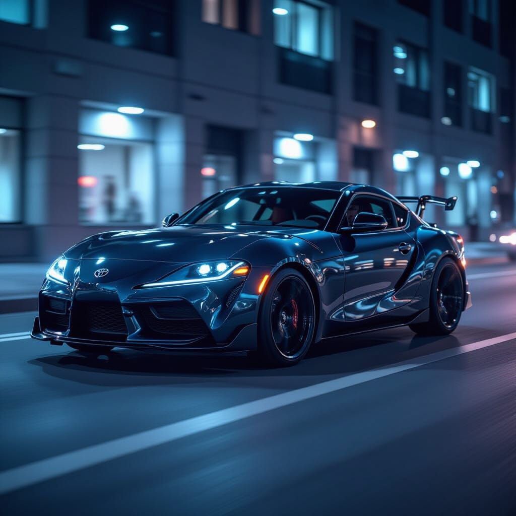 Shiny Black Toyota Supra at Night