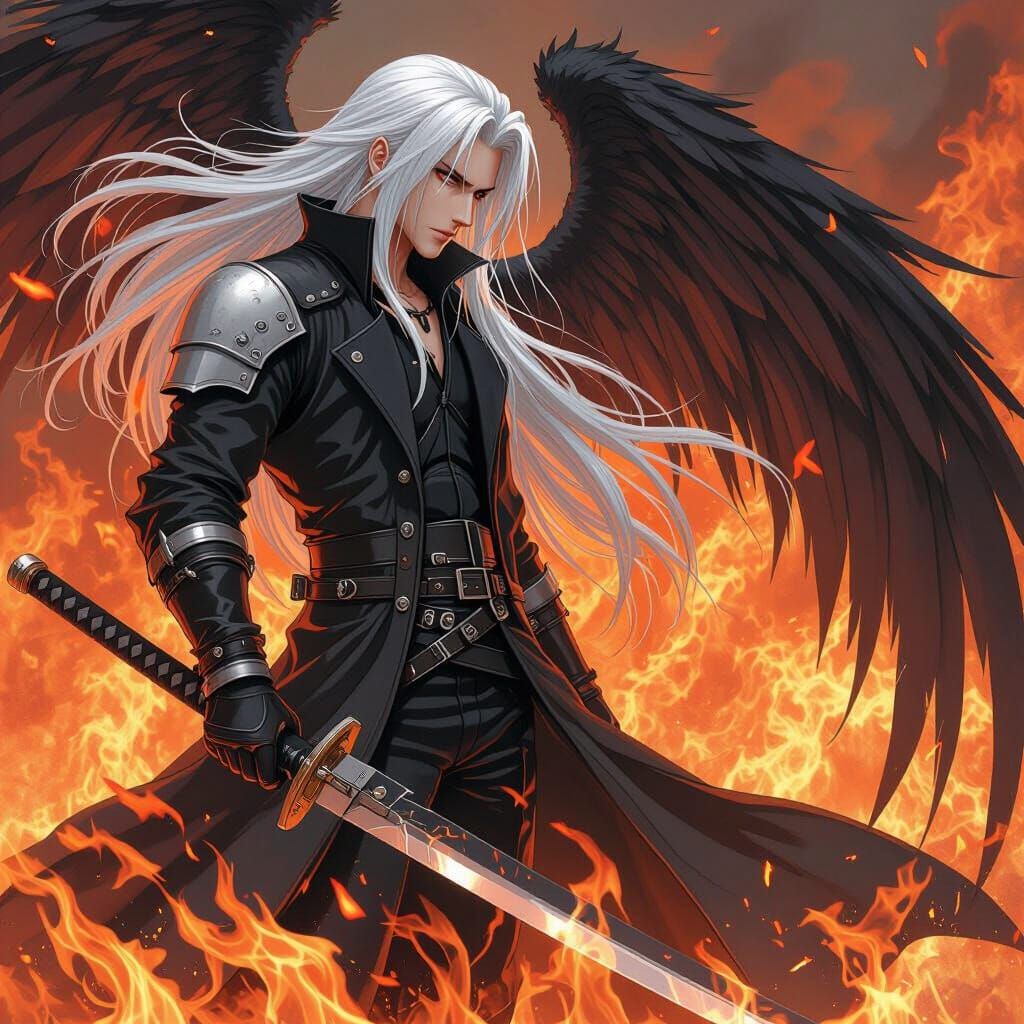 Sephiroth Amid Raging Flames: Cyberpunk Fantasy Art