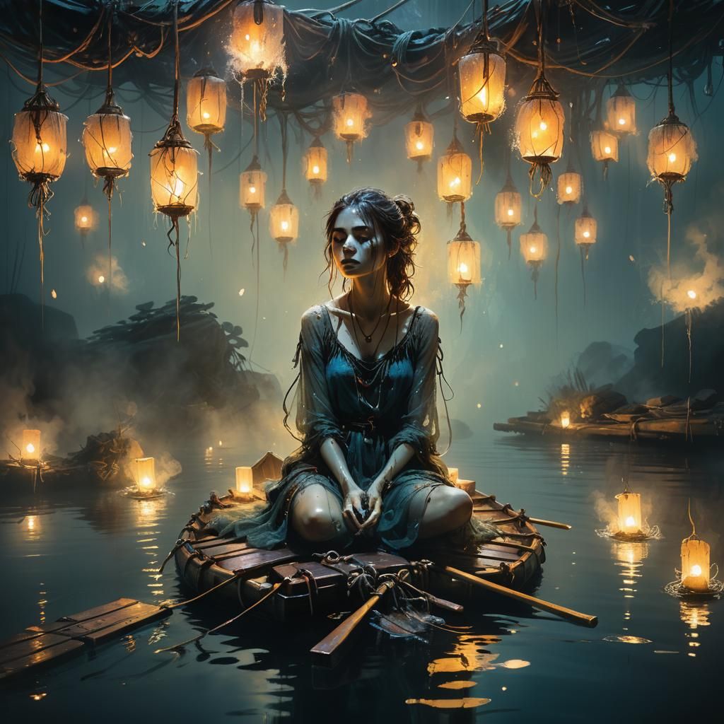 Ethereal Girl on Raft in Dark Fantasy Illustration