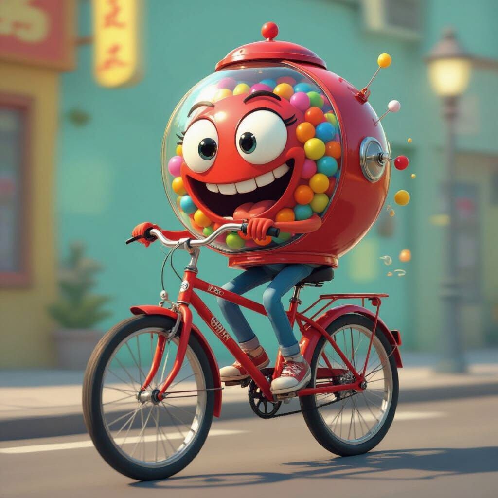 Gumball Machine Rides Red Bicycle in 90s Cartoon Style