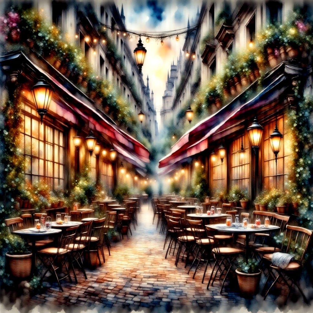 Paris at Twilight in Antique Watercolor Style