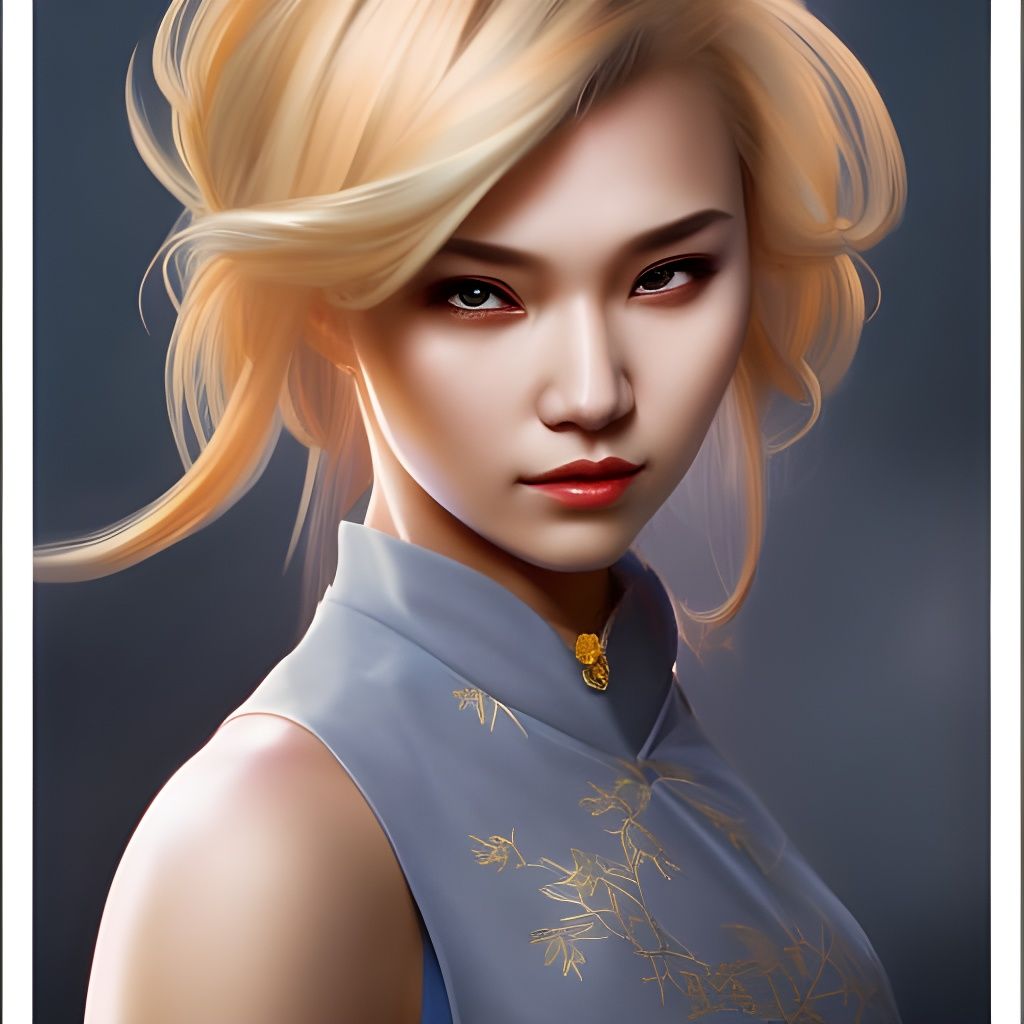 Blonde in Cheongsam: Detailed Art Nouveau Portrait