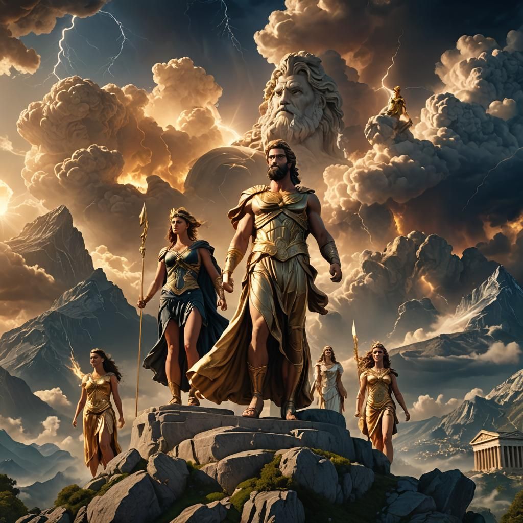 Mount Olympus: Zeus, Hera, and Athena in Golden Light