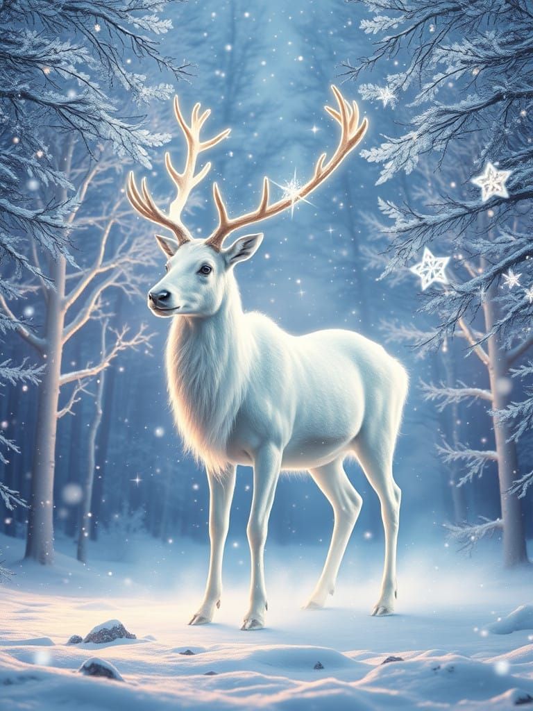 Ethereal Reindeer in Mystical Forest with Diamonds