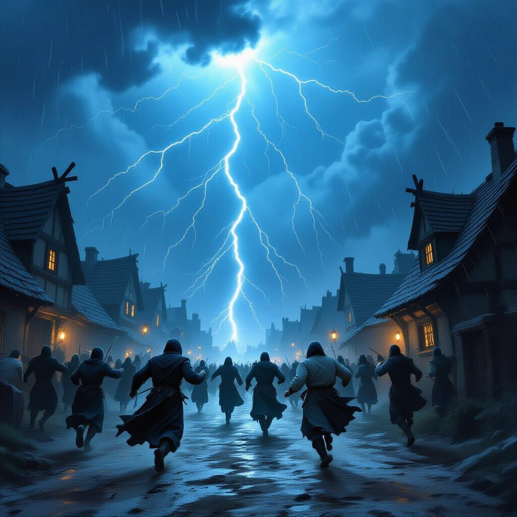 Terrified Villagers Flee Violent Storm in Concept Art Style