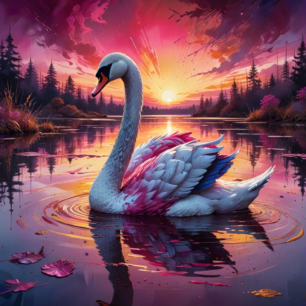 Majestic Magenta Swan in Vibrant Sunset Watercolour