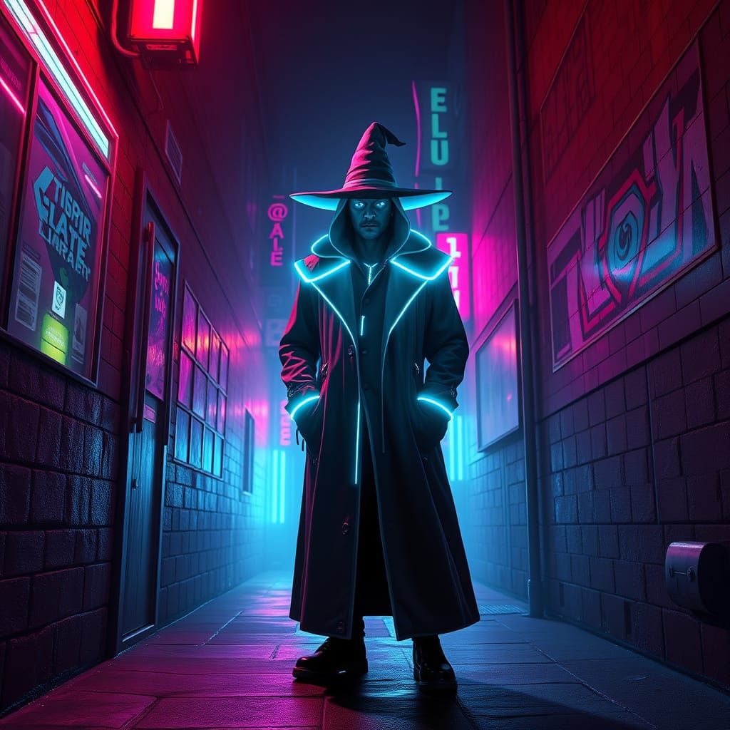 Cyberpunk Wizard in a Neon-Lit Alley