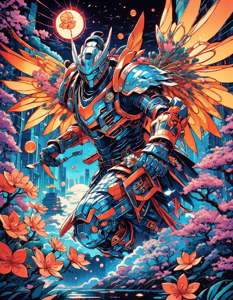 Epic Winged Robot Samurai in Vibrant Neon Kimono