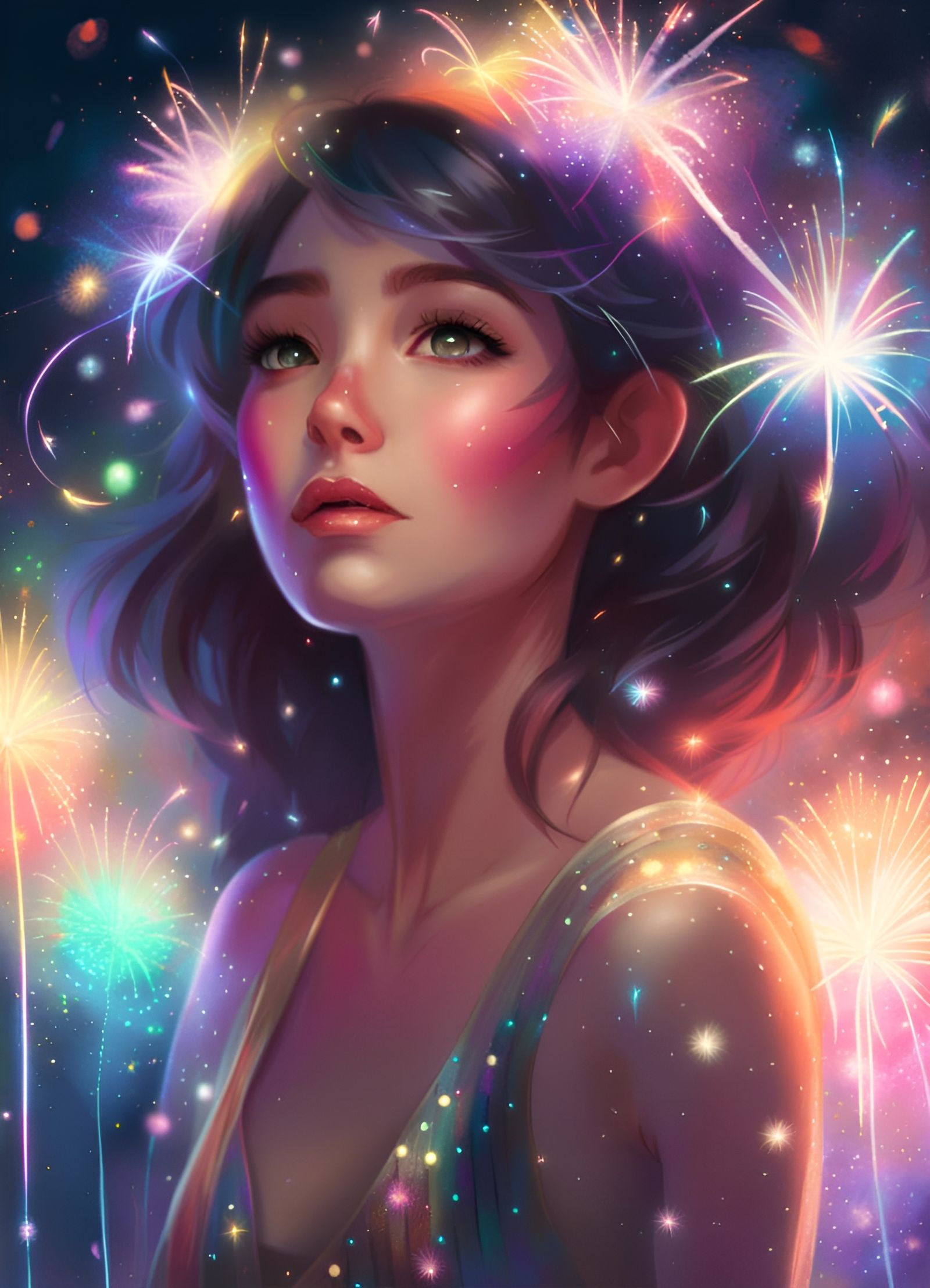 Fairy Watching Rainbow Fireworks, Digital Art