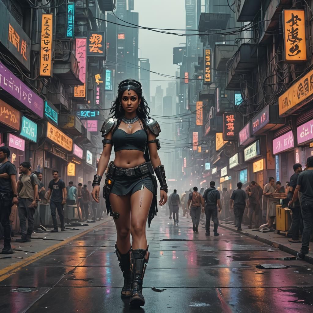 Indian Princess Walking in Cyberpunk City