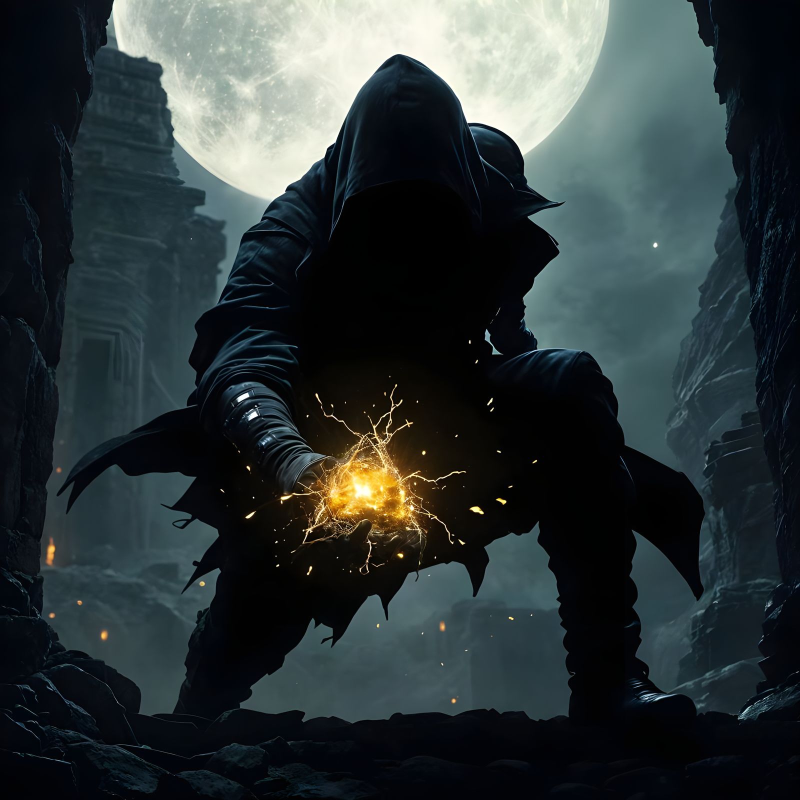 Thief Silhouetted Against Moonlit Sky Stealing Artifact